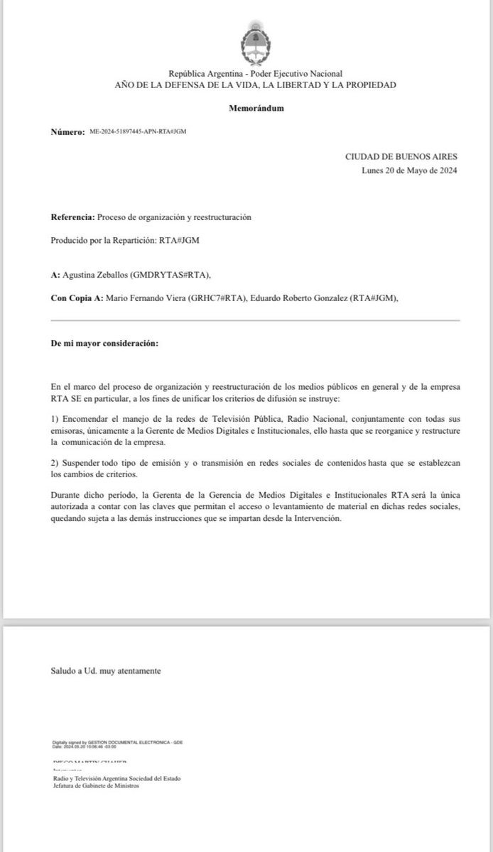 fergalsalta's tweet photo. En el año de la defensa de la vida, la libertad y la propiedad como dice el membrete del memorándum, el gobierno de @JMilei en un "proceso de organización" silencia los medios públicos. Cualquier parecido con la realidad NO es mera coincidencia https://t.co/S9IR3kSP3O