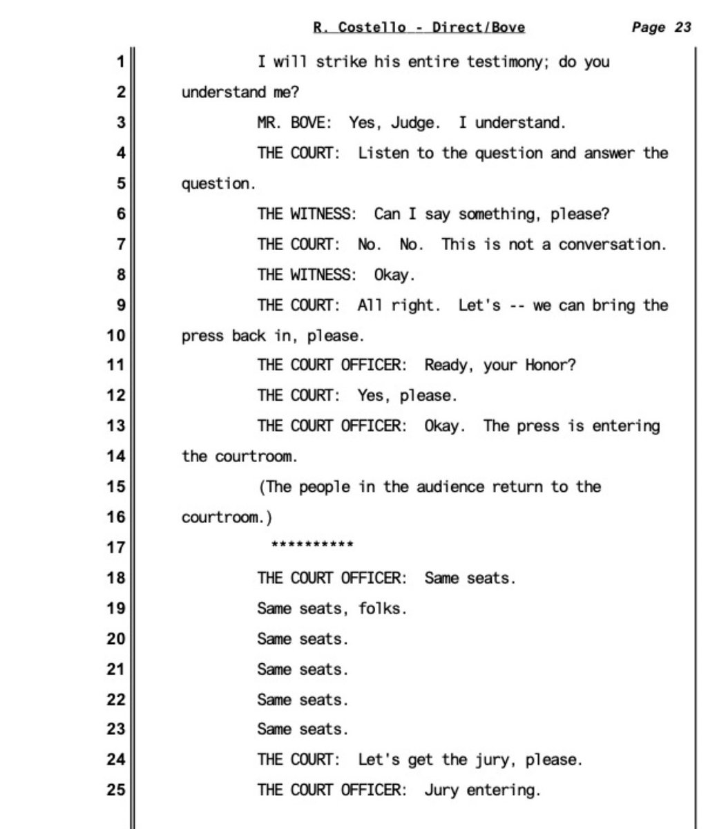 Here’s *that* exchange between Justice Merchan and Robert Costello earlier today: JUSTICE MERCHAN to ROBERT COSTELLO: “Are you staring me down right now?…I’m putting you on notice that your conduct is contemptuous…”