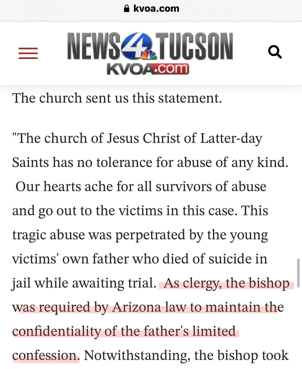 @onmywaymo LDS church telling its bishops and then the media the untruth that Arizona law prevented them from reporting child sexual abuse to authorities. kvoa.com/news/local/new…