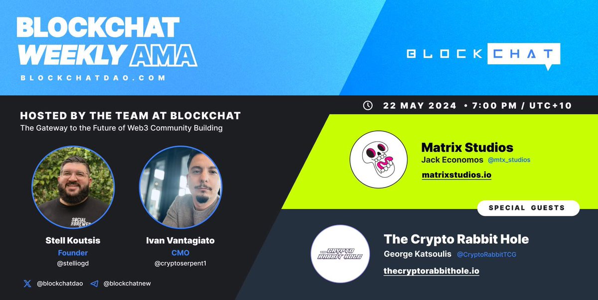Who’s joining us this Wednesday night 🐍 
<a href="/BlockchatDAO/">BlockChat (🟦,💬)</a> 
@mtx_studios 
<a href="/CryptoRabbitTCG/">The Crypto Rabbit Hole®</a> 

#crypto
