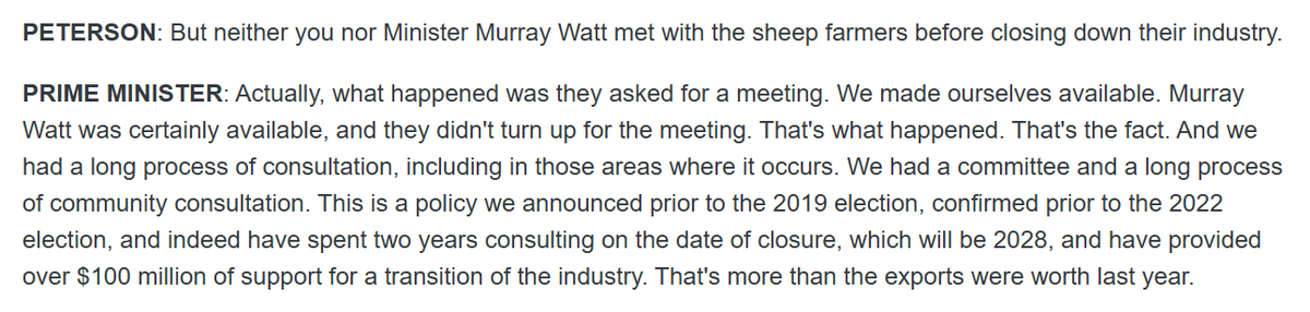 'they asked for a meeting. We made ourselves available ... & they didn't turn up for the meeting. That's what happened. That's the fact. And we had a long process of consultation, including in those areas where it occurs' 
pm.gov.au/media/radio-in…
#banliveexport