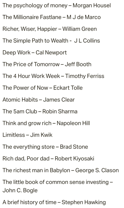 Moneytaur_'s tweet photo. 📚

It's not magic potions though. Self-development, critical thinking, and action taking are required.

If you read all these, there's no chance your mindset doesn't improve, and your overall knowledge. You will be ahead of the vast majority of the people out there who choose to waste their time in futile activities. Go level up.