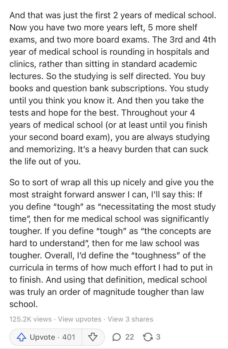 A guy who did both law school and medical school on which is harder. He explains how medical school is mostly rote memorization. This really explains a lot. Doctors seem to be high on conformity and not that distinguished in thinking ability. The field selects for it.