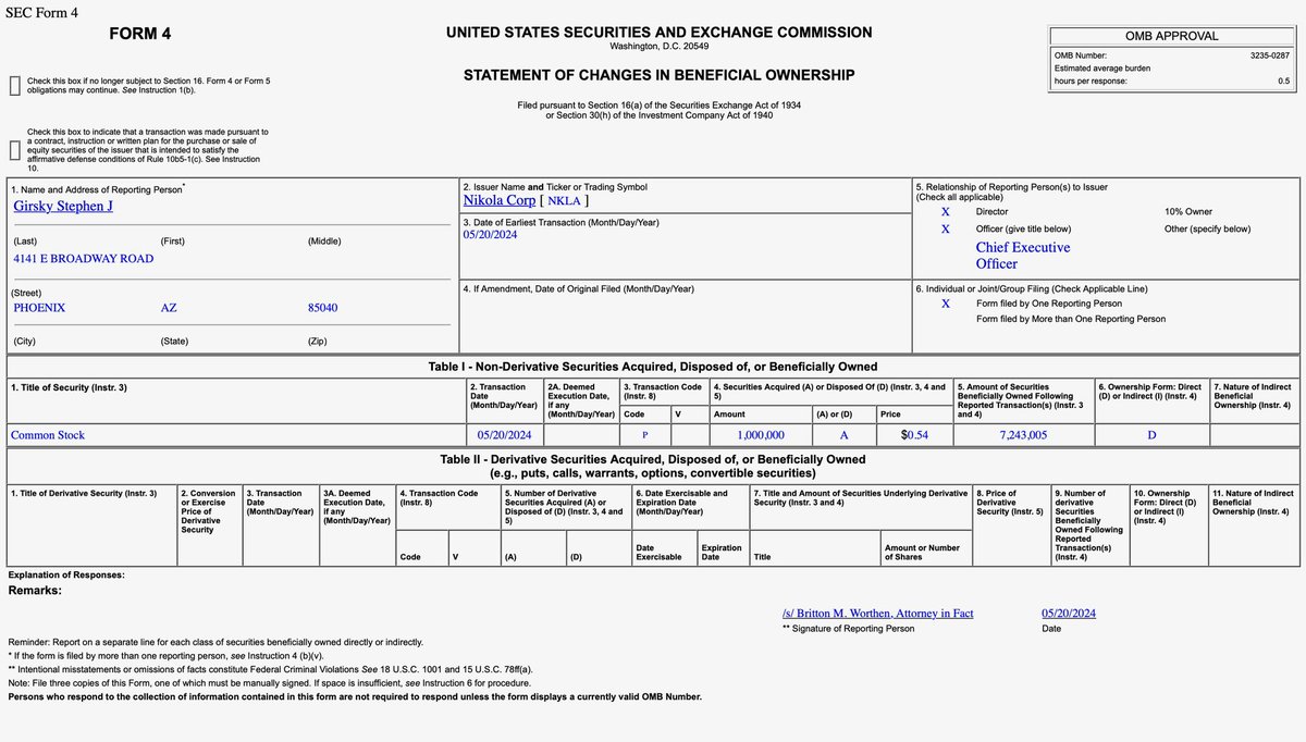 NathanMeininger's tweet photo. NEWS: New SEC Filing shows Nikola CEO Steve Girsky just bought 1M shares of $NKLA at $0.54 per share today https://t.co/xzo4ds4E5I