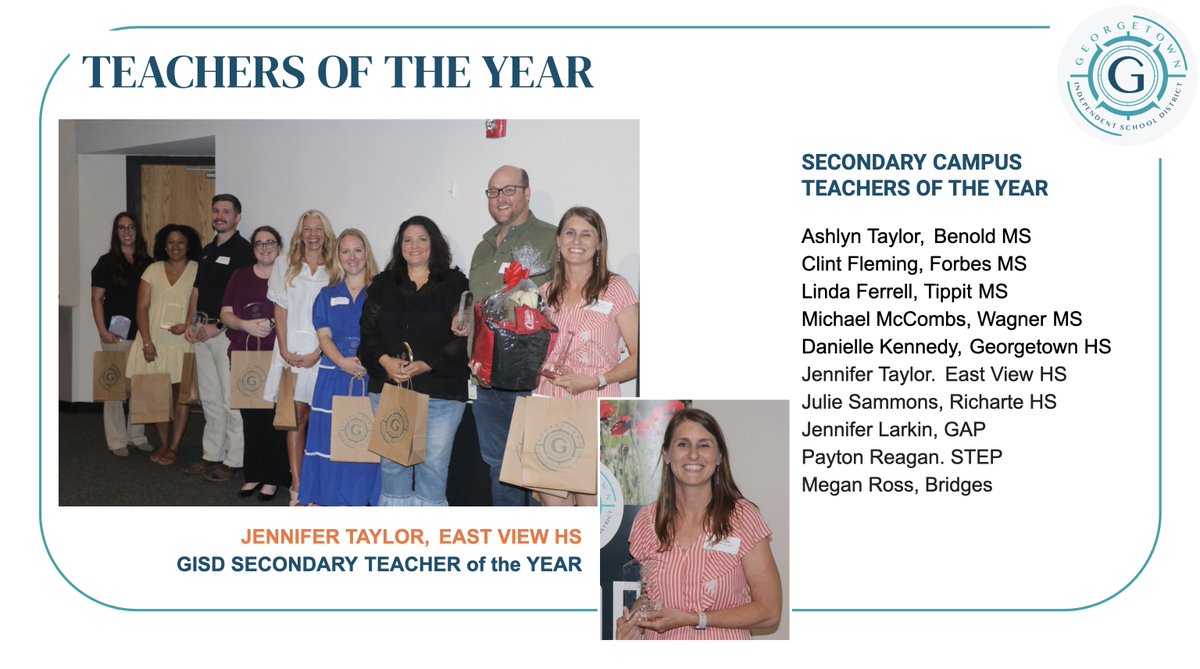 Congratulations to our Secondary Campus Teachers of the Year and our District Secondary Teacher of the Year, Jennifer Taylor from @EastViewHS