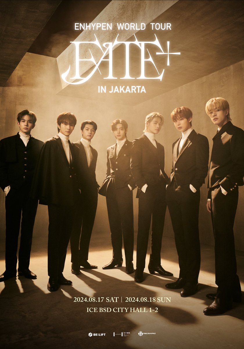 [ANNOUNCEMENT] ENHYPEN WORLD TOUR “FATE PLUS” IN JAKARTA, Saturday & Sunday, 17-18 August 2024 at ICE BSD City Hall 1-2. Indonesia ENGENE! The wait is over! @ENHYPEN will be having their first concert in Jakarta this upcoming August. Details coming soon! #ENHYPEN