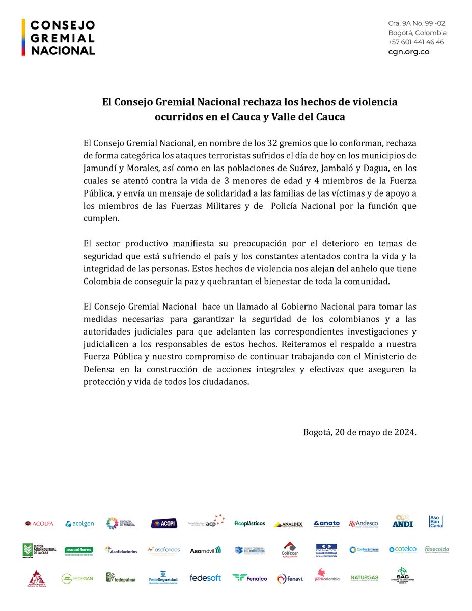 El @ConsejoGremial rechaza los hechos de violencia ocurridos en el Cauca y Valle del Cauca