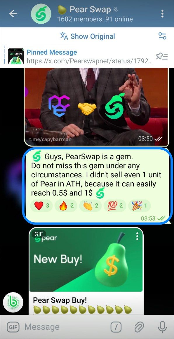 pce_army's tweet photo. 🍐 Guys, PearSwap is a gem. Do not miss this gem under any circumstances. I didn't sell even 1 unit of Pear in ATH , because it can easily reach 0.5$ and 1$ 🍐

📊 https://t.co/q24IIgJa1A

📣 https://t.co/IhHDns9VMu

✅️ @Pearswapnet 🍐
🫡 Thank You, Man For This Gem 💎  @realshaco

1️⃣  🍐 🟰  1️⃣ 💲