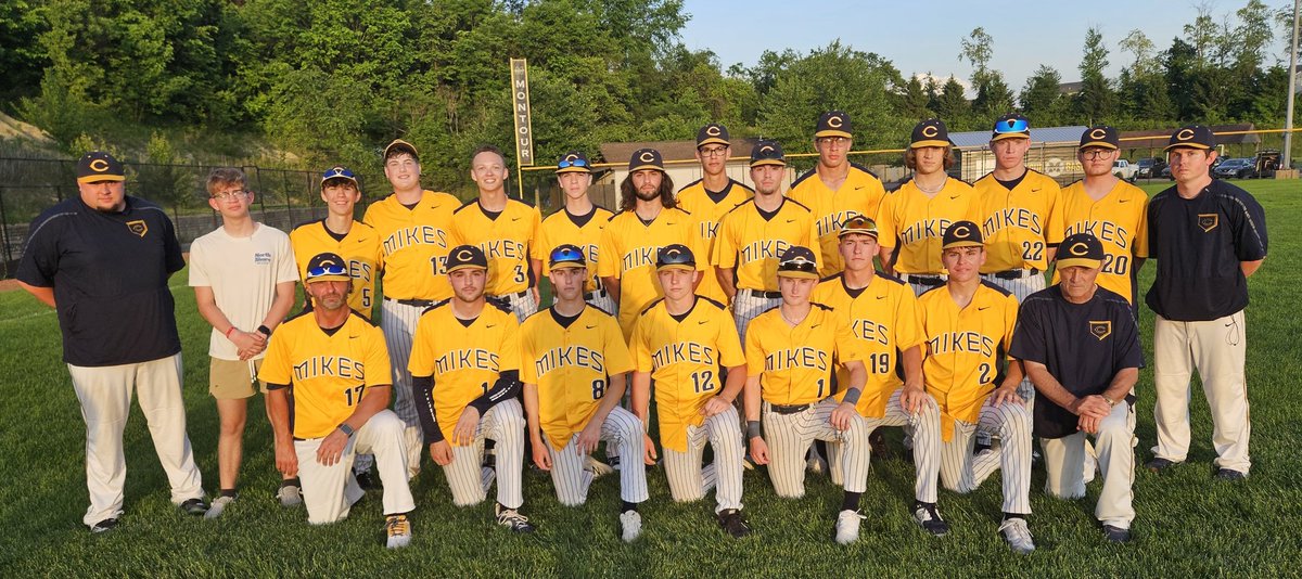 The Carmichaels Mikes baseball team poses for a photo after defeating top-seeded Union, 3-1, in the WPIAL Class A quarterfinals at Burkett Park on Monday night. Winning pitcher Liam Lohr pitched a 3-hitter and had 2 hits, an RBI and a run scored.