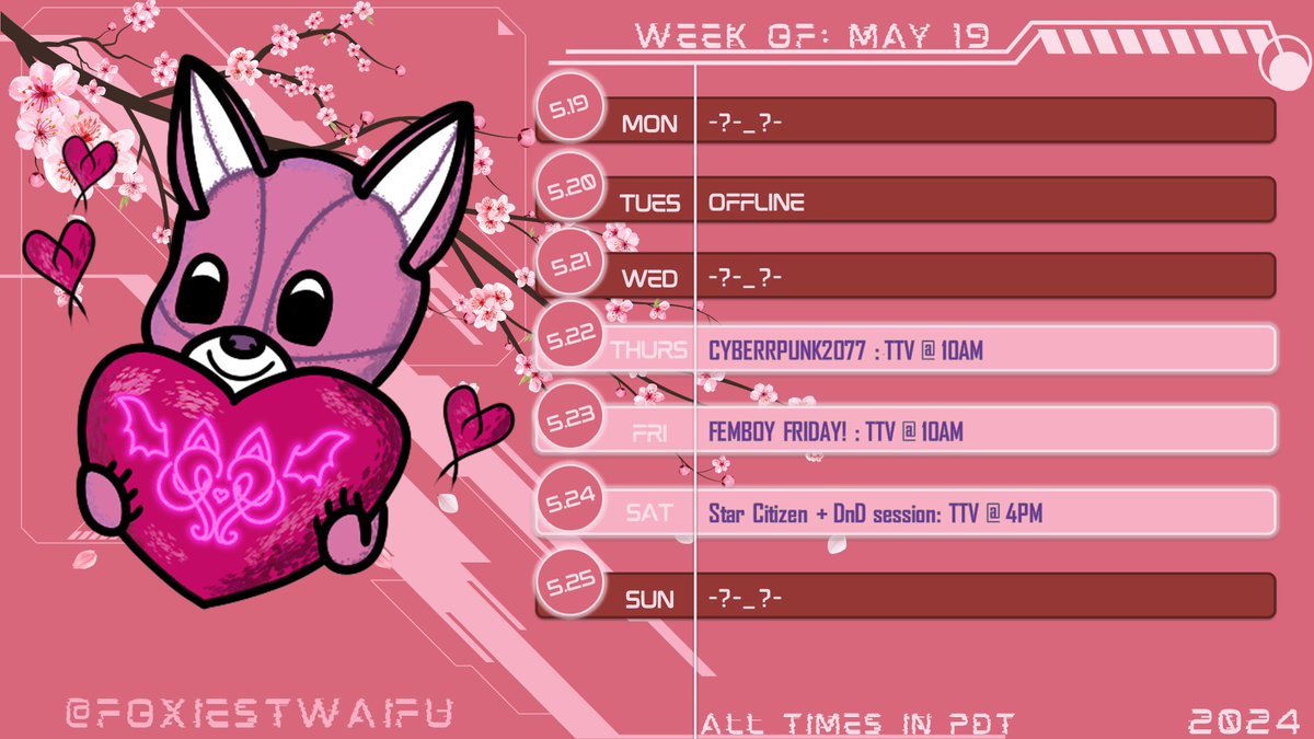 foxiestwaifu's tweet photo. We do our best for happpiness ! <3 Surprise stream! Live now! https://t.co/lpOt5WqozW
Playing #LeagueOfLegends !
Also, here's this week's stream schedule! #foxiest #VtuberDebut #Vtuber #femboy #foxhole #twitch #ttv #lewdtuber https://t.co/pBkwt6C7Y4