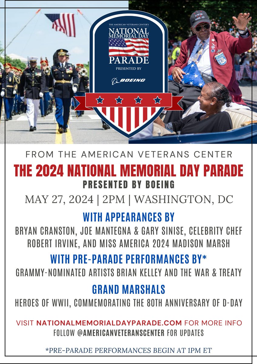 The American Veterans Center is proud to announce the return of The National Memorial Day Parade, taking place ONE WEEK from today on Constitution Avenue in our Nation's Capitol. 

Join @BryanCranston, @JoeMantegna , @GarySinise, Chef @RobertIrvine , 2024 @MissAmerica Madison
