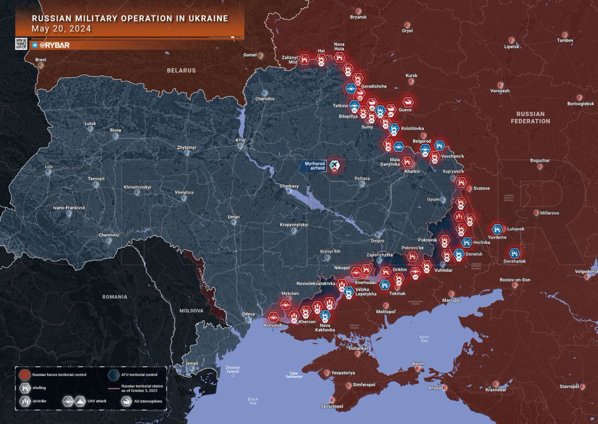 🇷🇺 🇺🇦 Chronique d'une opération militaire spéciale pour le 20 mai 2024. ▪︎Les troupes russes ont attaqué les installations des forces armées ukrainiennes dans la région de Nikolaev, ainsi qu'un aérodrome militaire à Poltava. Au cours de la journée, des formations ukrainiennes