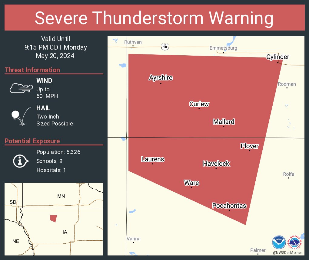 Severe Thunderstorm Warning including Pocahontas IA, Laurens IA and Mallard IA until 9:15 PM CDT. This storm will contain two inch sized hail!