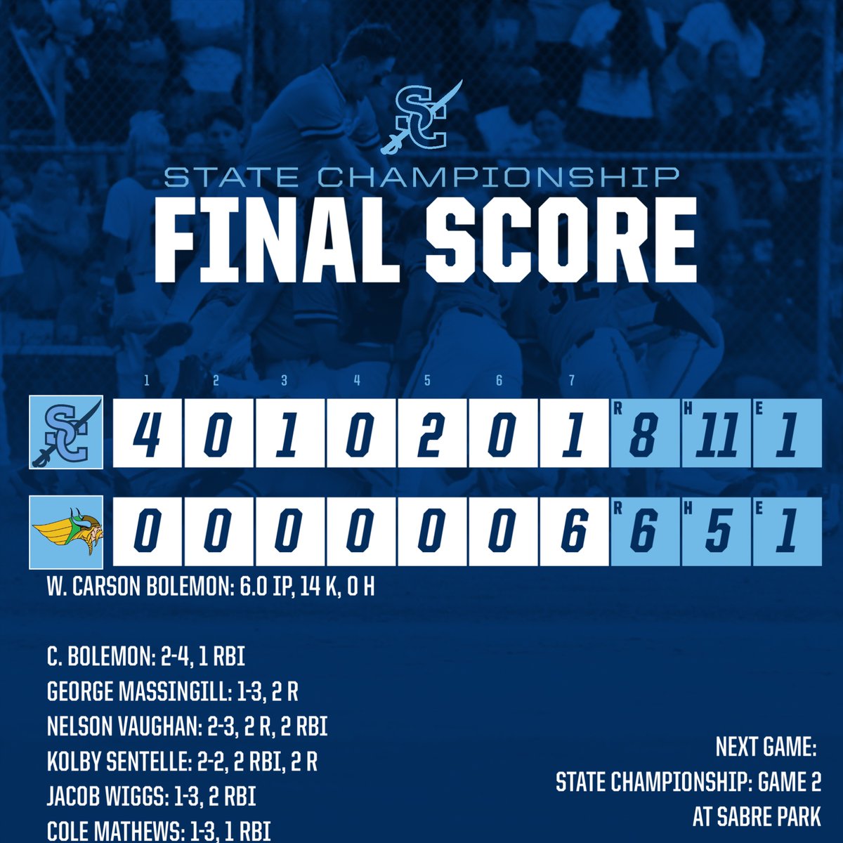 One win away from a THREE-PEAT! Let's pack Sabre Park tomorrow as the seniors go for the 100th win of their careers at SCS!