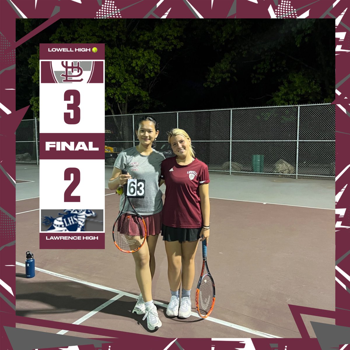 JenCareyLHS's tweet image. Way to go Dana &amp;amp; Baylee for clenching the win vs Lawrence in three sets: 7-5(2), 3-6, 6-3 🎾 so proud of you both! A big shout out to their fans for staying by their side until the clock struck 9:00 PM @_LHSAthletics @LowellSunSports @LowellHigh #rackpack