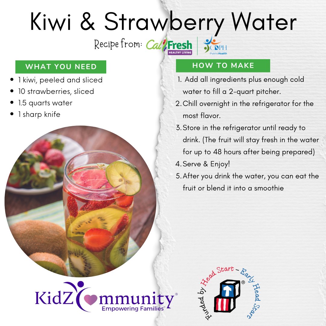 #KidZCommunity #MenuMonday - Try this refreshing kiwi and strawberry water recipe from #CalFreshHealthyLiving 💜

#HeadStart #EarlyHeadStart #EarlyLearning #EmpoweringFamilies #GetAHeadStart #ComeEatWithUs #NowHiring #NowEnrolling #PlacerCounty #NevadaCounty