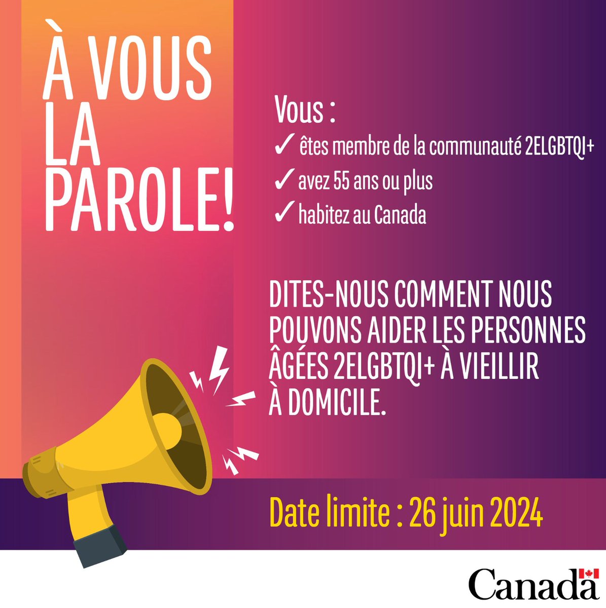 FAAFC_ca's tweet photo. 📢 Cette consultation vise à mieux comprendre les points de vue et les préférences des personnes âgées 2ELGBTQI+ par rapport aux services et aux ressources qui pourraient les aider à vieillir chez elles. 
Participez et faites entendre votre voix !
➡️https://t.co/95PqtMJeGe https://t.co/yyLIyCtzhl