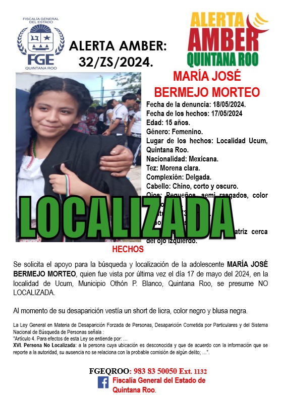 La #FGEQuintanaRoo desactiva ficha de búsqueda de María José Bermejo Morteo, fue localizada. #AlertaAmberQRoo