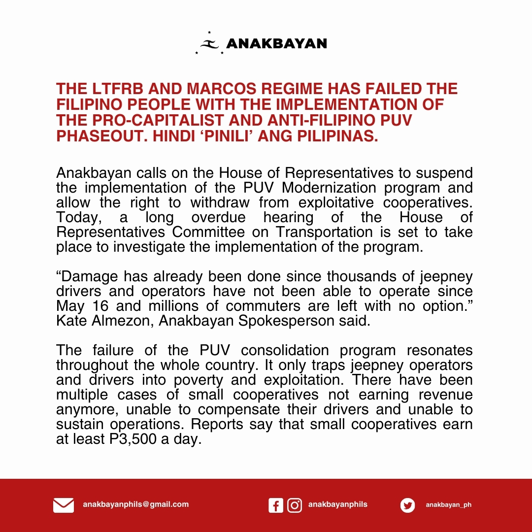 Anakbayan calls on the House of Representatives to suspend the implementation of the PUV Modernization program and allow the right to withdraw from exploitative cooperatives.
