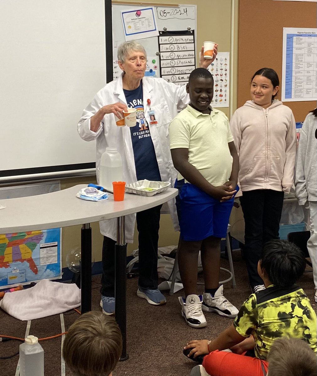 Ms. B, a retired elementary school teacher, was gracious enough to come do her science “magic” show for 4th graders at Ridgeview! Thanks, Ms. B! We loved it!