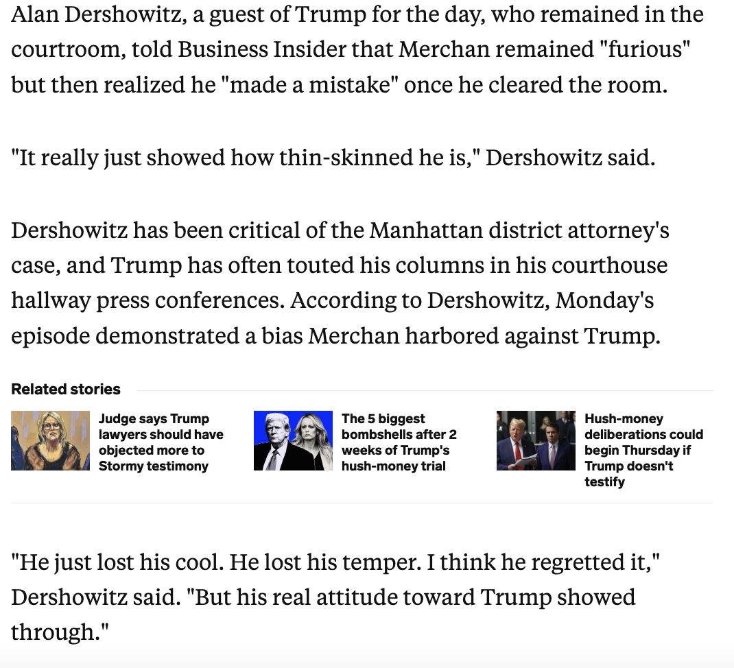NEW: Alan Dershowitz stayed behind in the courtroom while all the journalists were ejected. He said Justice Merchan 'lost his temper' and betrayed 'his real attitude toward Trump.' Dersh also told me that 'as soon as he cleared the room, he realized he had made a mistake.'
