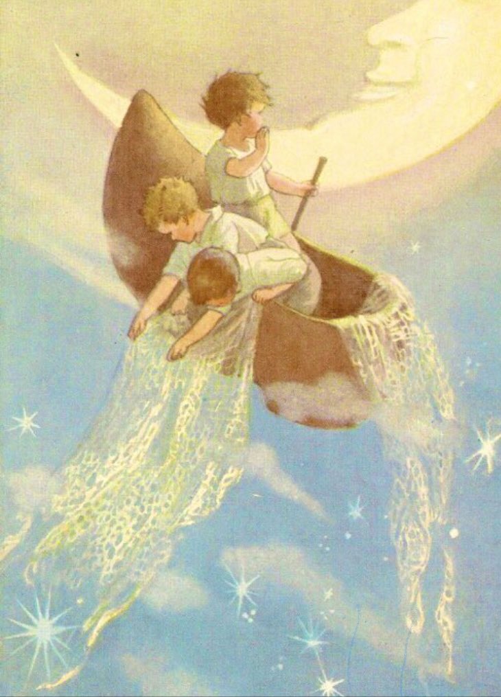 “Wynken, Blynken and Nod one night
Sailed off in a wooden shoe -
Sailed on a river of crystal light
Into a sea of dew...”

A C19th bedtime poem by Eugene Field. #Illustration by Margaret Tarrant for Verses for Children, 1918. #moon #night #art #FairyTaleTuesday