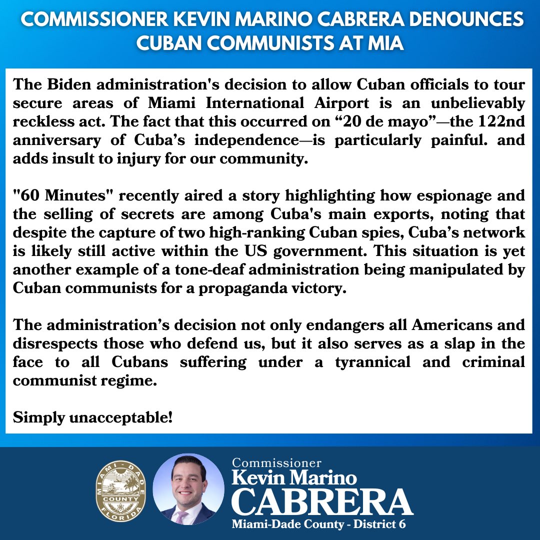 Commissioner Kevin Marino Cabrera Denounces Cuban Communists at MIA

#FlaPol #DadeFirst