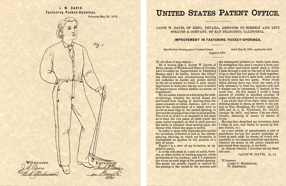 TammiMinoski's tweet photo. #OTD 1873: #LeviStrauss and #JacobDavis were granted a patent for using copper rivets to strengthen certain areas of trousers, notably pocket corners. The patent was credited with giving rise to the popularity of #bluejeans. 👖
https://t.co/QbaviDck8N #History https://t.co/lXGv4vlAg5