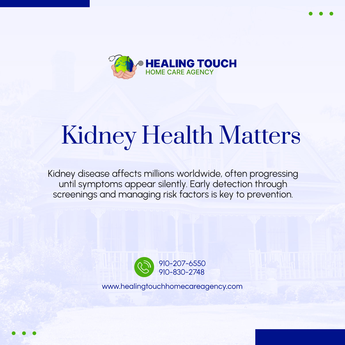 Your kidneys play a crucial role in your health. Learn more about kidney disease and how to protect your kidney health for a longer, healthier life.

#KidneyHealth #JacksonvilleNC #HomeHealthCare #HealthFacts #HealingTouchHomeCareAgency