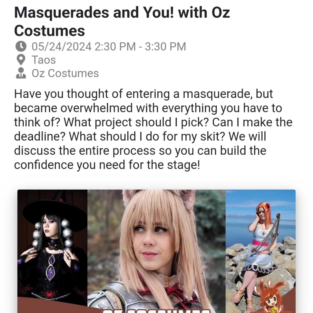 OzCostumes's tweet photo. @SabakuCon is THIS WEEK! It will be my first time in New Mexico!

Be sure to stop by my table to shop prints and some handmade jewelry! Also, I will be running three panels (swipe for schedule), and I will be judging the masquerade on Saturday!
#sabakucon2024 #sabakucon https://t.co/xEA5p4ivTq
