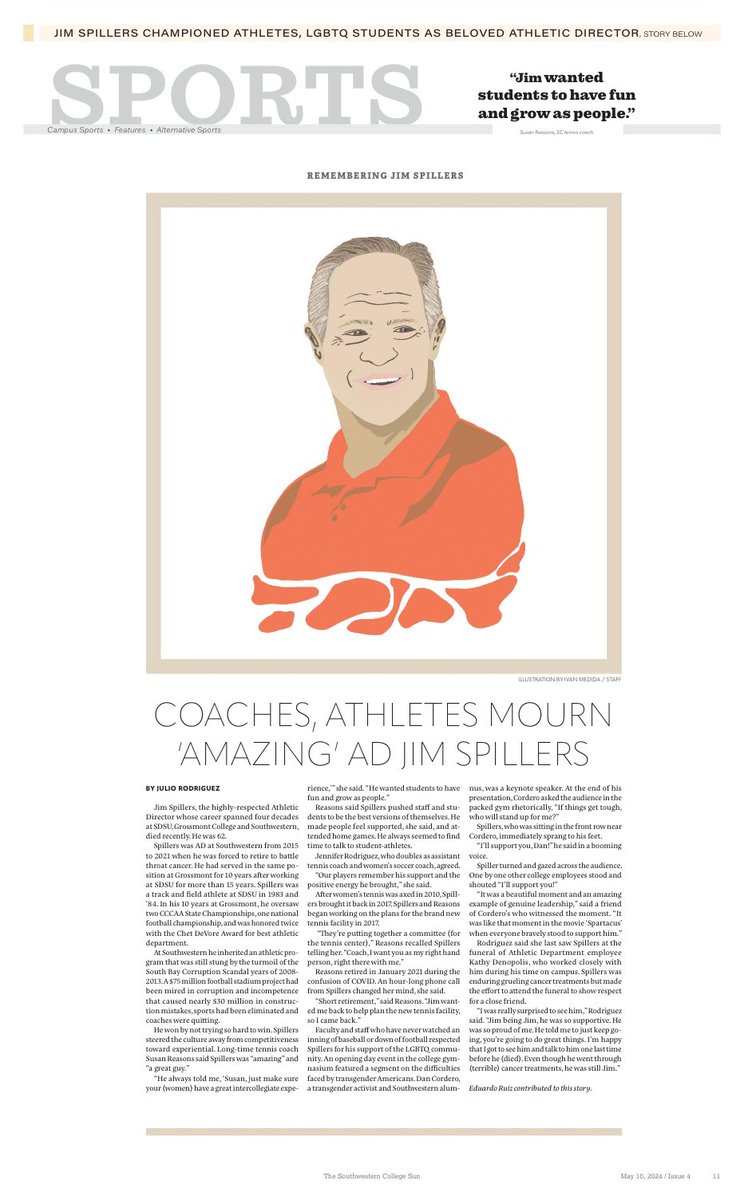Paying respect to Southwestern College’s former Athletic Director, Jim Spillers, who passed away after a battle with cancer. 

Read the full story here - 

issuu.com/theswcsun/docs…

#Journalism #Sportsjournalism