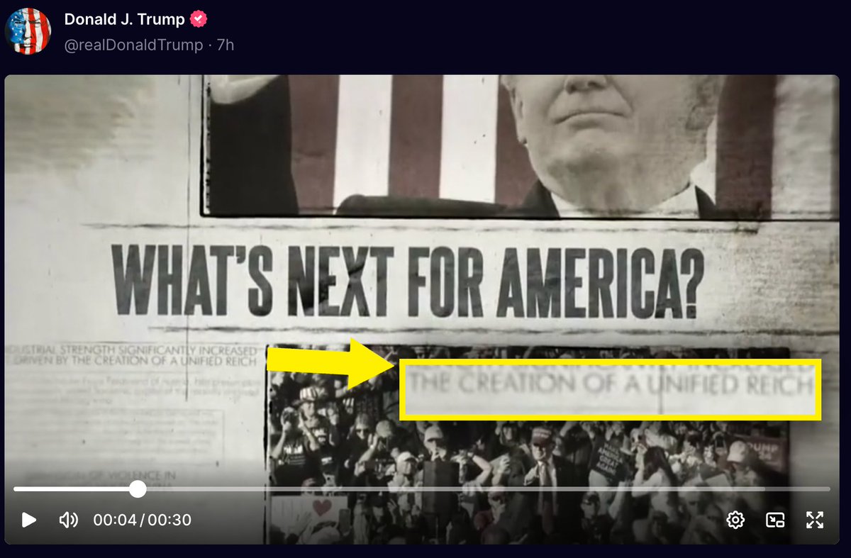 🚨 This story needs to be everywhere: Donald Trump posted a video about 'What's Next For America' if he were to become president. Underneath, it touts 'the creation of a UNIFIED REICH' – straight out of Nazi Germany.