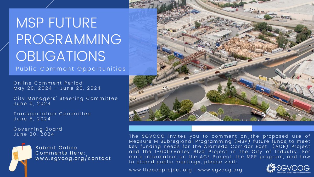 Public comment is open for future Measure M MSP funds to support the ACE Project and the I-605/Valley Blvd Interchange Project. Share your feedback: sgvcog.org/msp-projects #PublicWorks #CommunityEngagement #SGVCOG