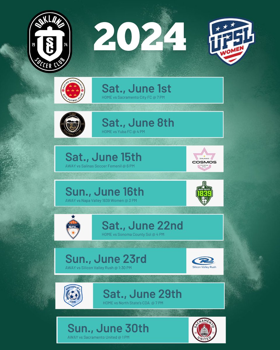 Home Opener is just around the corner! We hope to see y’all there! 🙌🏽

#OSC #OaklandSC #OaklandSoccerClub #UPSLWomen #OaklandSoccer #UPSLW #Soccer #Futbol #UPSLW24 #UPSLW2024