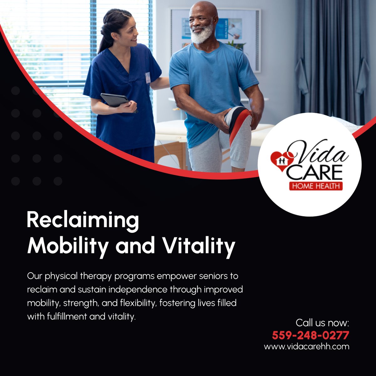 Discover how Vida Care Home Health's physical therapy services transform the lives of seniors, enabling them to enjoy greater mobility, strength, and quality of life within the comforts of home. Visit tinyurl.com/29zrfemf to learn more. 

#HomeHealthCare #PhysicalTherapy