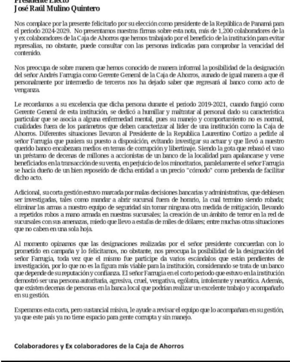 #Aeveinforma Carta abierta al presidente electo <a href="/JoseRaulMulino/">José Raúl Mulino</a>