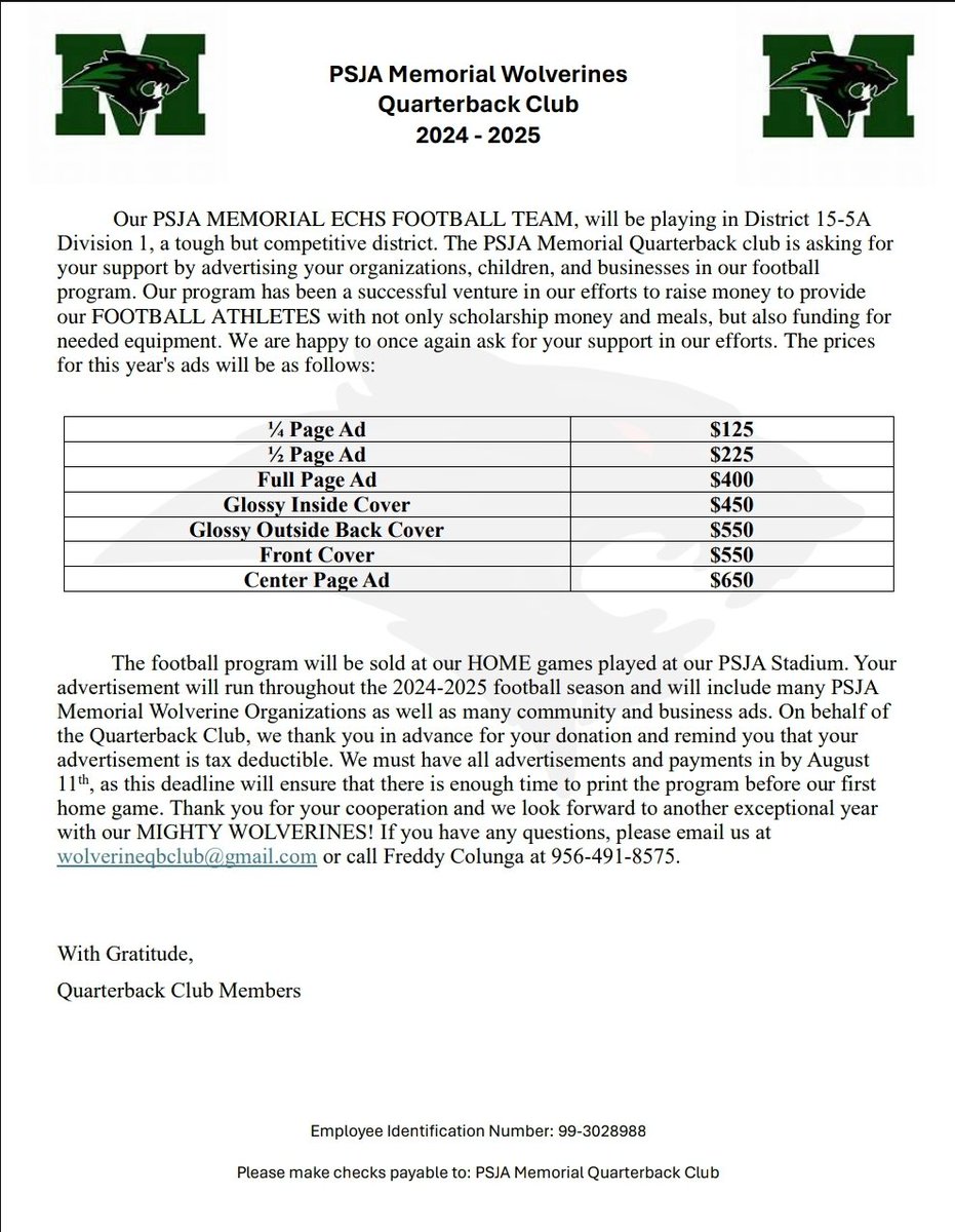 WolverineQBClub's tweet photo. It's time to start planning those program ads for 2024 - 2025! This year's program will be one to remember. You'll want to reserve your pages early. Don't miss out. #PSJAMemorial #LetsGoWolverines #NewEra #DoItForTheKids https://t.co/Kd9BBIRR6p