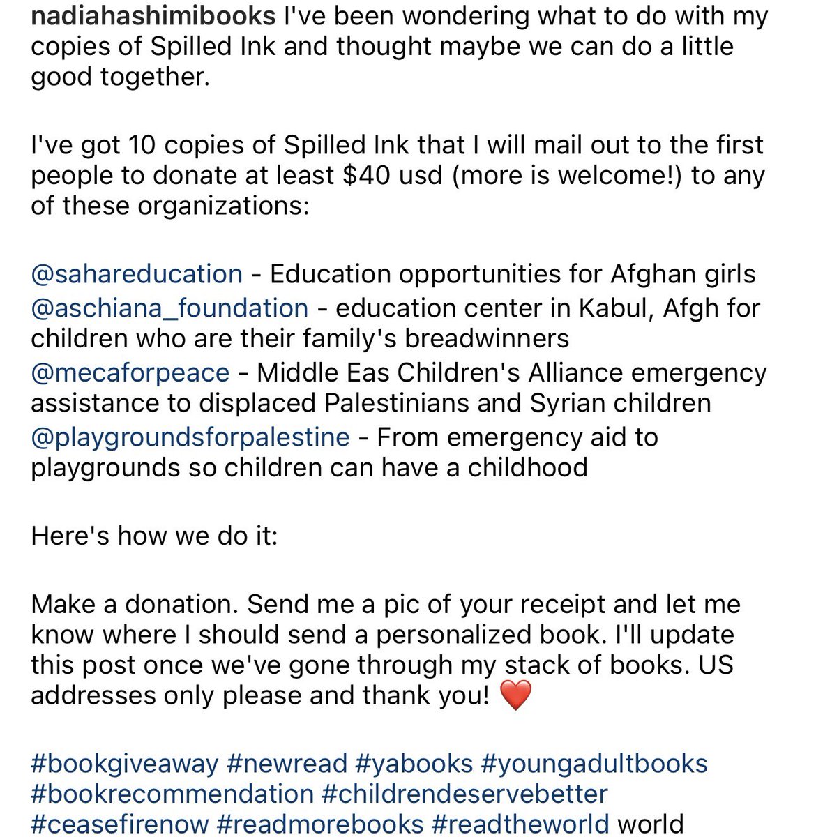 US peeps - A fantastic opportunity to get a signed copy of @NadiaHashimi ‘s new book & do some good. Donate to any of the wonderful organisations she has listed @SaharEducation @AschianaAfg @MECAForPeace & Playgrounds for Palestine. More details in her post attached.