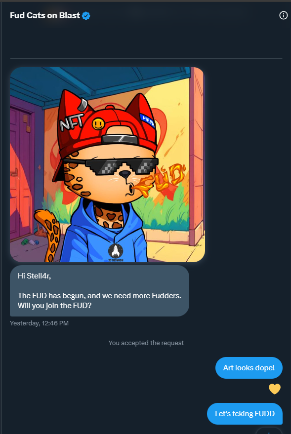 HeyStell4r's tweet photo. I'm fudding this project @FudCatsOnBlast if I didn't get a WL. Let's FUD! https://t.co/8ysAgg5G59