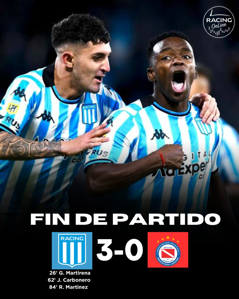 ¡¡GANÓOOOOOO RACING!!🎉🎉🎉

La acade goleó Gastón Martirena, Johan Carbonero y Roger Martínez, superó 3-0 a Argentinos Juniors por la #Fecha2 del #TorneoBetano 2024

#vamosracing🔵⚪🔵