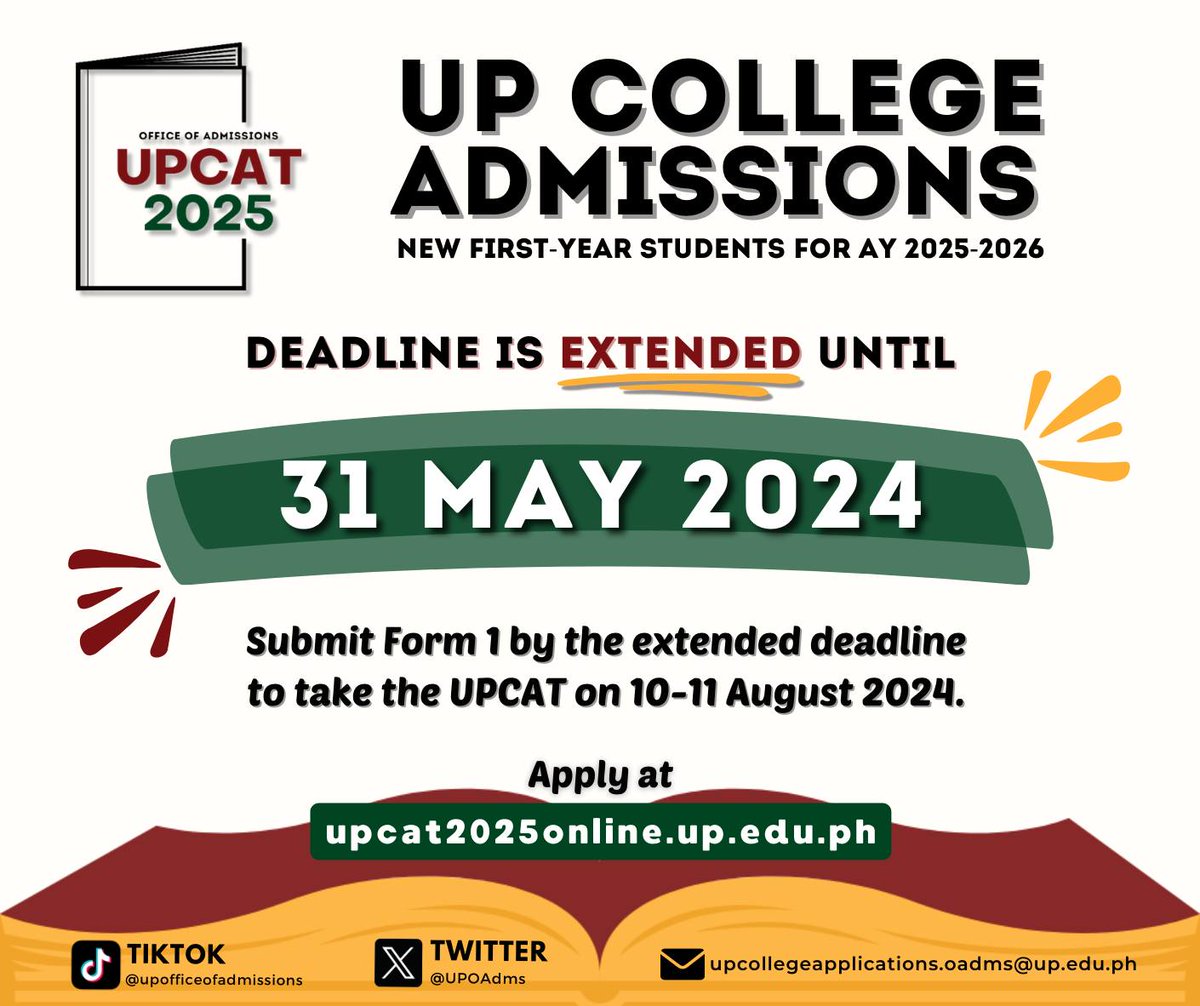 'UPCAT 2025 APPLICATION EXTENDED! 

Submit Form 1 by 31 May 2024 at upcat2025online.up.edu.ph, to be able to take the UPCAT on 10-11 August 2024. The Form 2A and confirmation by the Senior High School is likewise extended until 7 June 2024. '

📷UP Office of Admissions