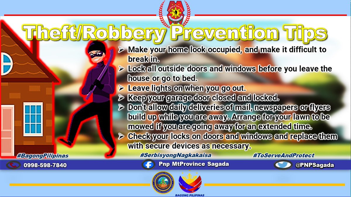 PNPSagada's tweet photo. THEFT/ROBBERY PREVENTION TIPS
#BagongPilipinas
#MahusayMatatagAtMaaasahanNaKapulisan
#SaBagongPilipinasAngGustongPulisLigtasKa https://t.co/7Og5NeeiQ3