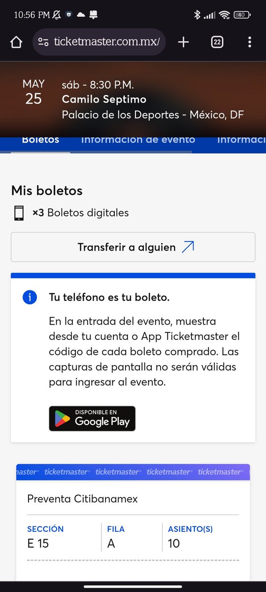 Fa_bz's tweet photo. Vendo 3 boletos para #CamiloSeptimo.
Sección E15 Fila A, asientos 10 11 12 https://t.co/wsO4bE6ToH