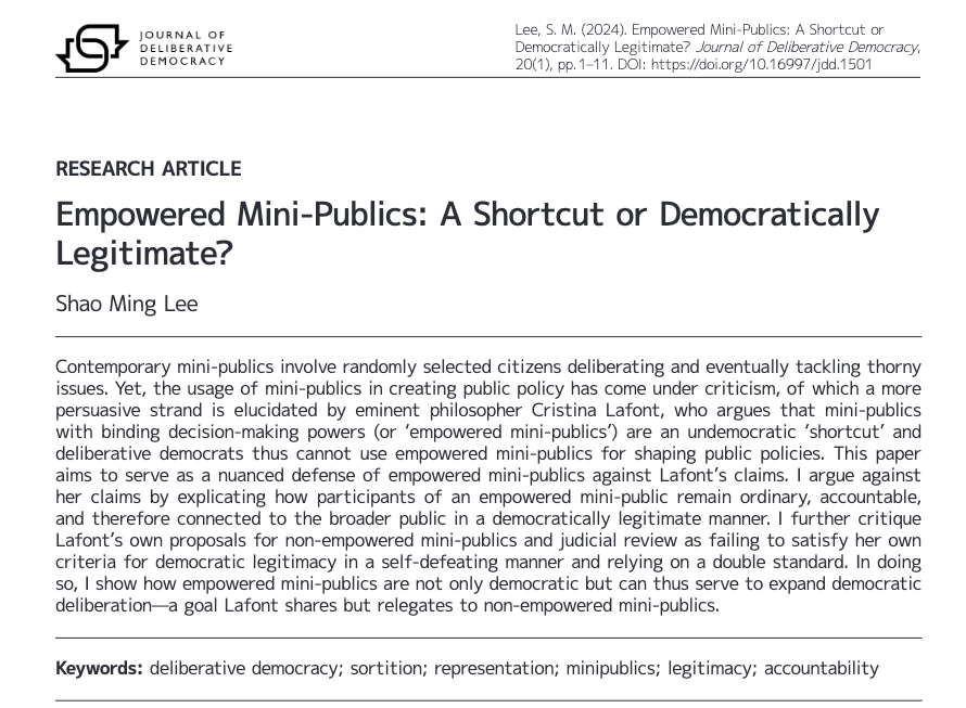 🌟New publication alert🌟 Against Lafont, Shao Ming Lee @yalenus argues that empowered #minipublics are not only #democratic but can also expand democratic #deliberation. Read now: delibdemjournal.org/article/id/150…