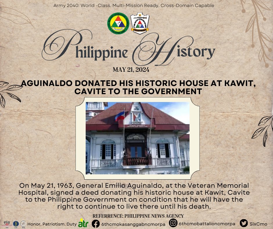 TODAY IN PHILIPPINES HISTORY? | 21 MAY 2024

Aguinaldo donated his historic house at Kawit, Cavite to the Government