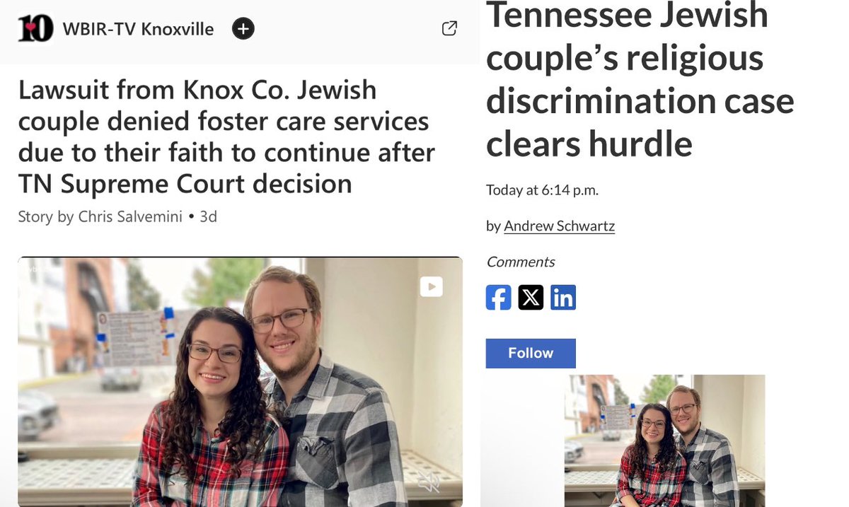 UPDATE: “Lawsuit filed by a Jewish couple who said they were denied foster care services because of their faith is advancing…” A result of @GovBillLee & the @TNGOP’s discriminatory adoption law. wbir.com/article/news/l…