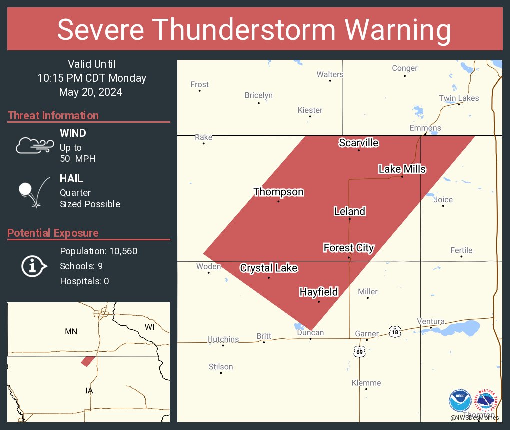 Severe Thunderstorm Warning including Forest City IA, Lake Mills IA and Thompson IA until 10:15 PM CDT