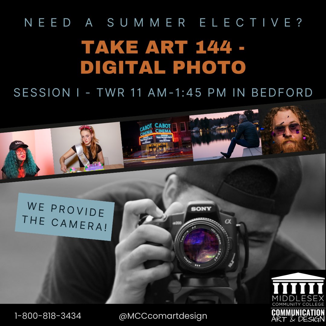 MCCcomartdesign's tweet photo. Thinking about taking a class this summer? Learn the basics of photography in ART 144 - Digital Photography I. 📷 We provide all students with a camera and tripod for the duration of the course. Register today! https://t.co/OR6OC0KXmM https://t.co/EA36BFyIEs