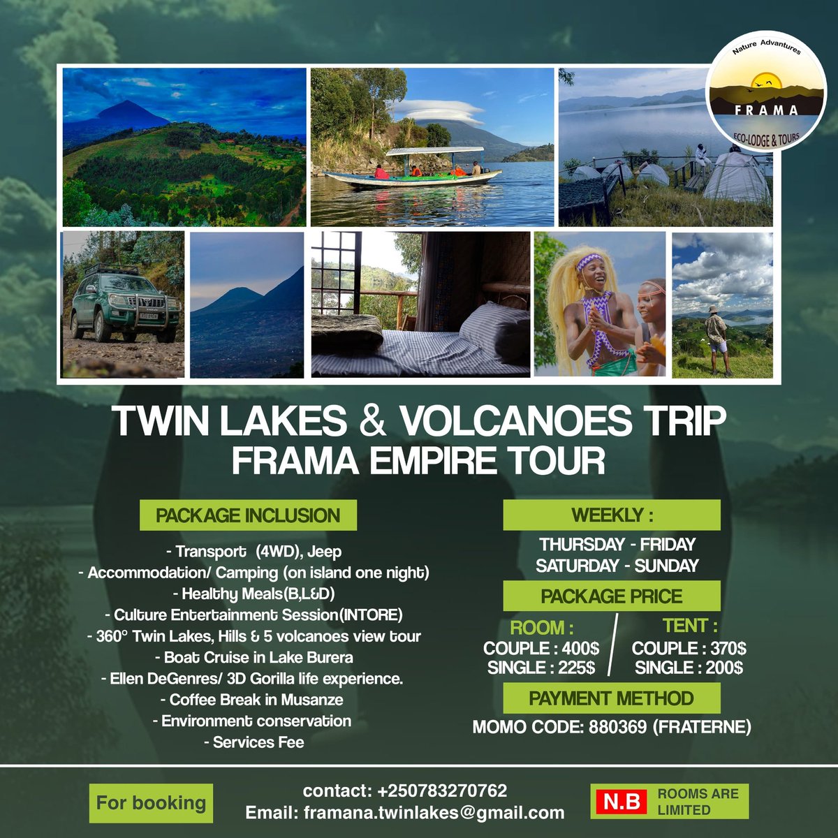 Are you in or Traveling to Rwanda? Don't miss! Discover and enjoy. Book your tour for a GOOD night on island and under the stars, with TWO great days moments of discovering hidden gems in volcanoes, Twin Lakes and green hills in the northern of Rwanda. Seats are limited ❤️👌