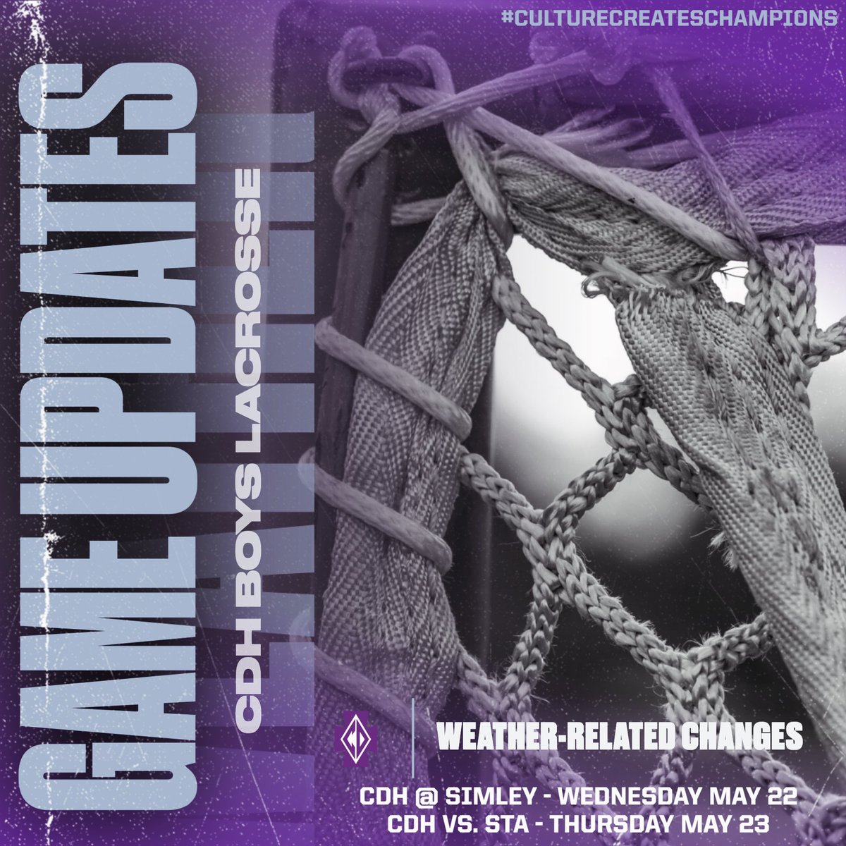 Game updates for this week! (weather related)

<a href="/CDH_Raiders_lax/">CDH Raiders Lacrosse</a> will travel to <a href="/SimleyLax/">Simley Lacrosse</a> on Wednesday, May 22 and then host <a href="/AllThingsSTA/">Saint Thomas Academy</a> at home on Thursday, May 23. 

Go Raiders! 💜